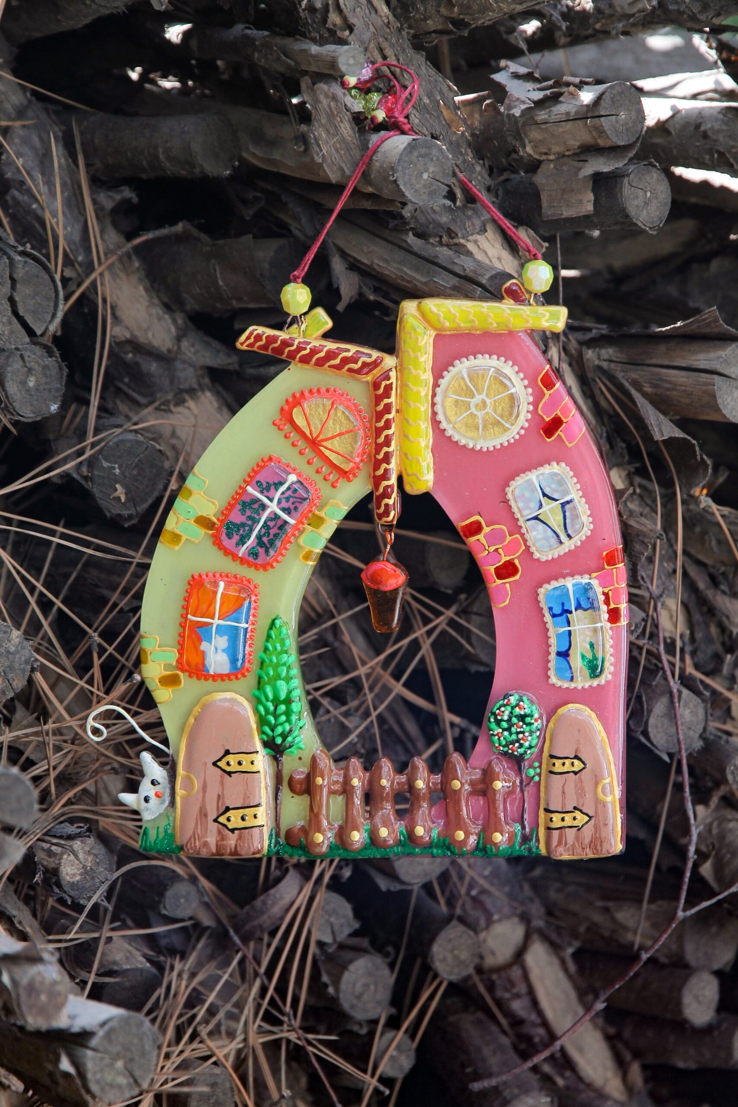 Colorful Houses - A Symbol of Family Unity Radiant with the Lantern of Love Glass Artwork - Hand-Painted Fused-Glass Decor with Vibrant Colors and Intricate Patterns, Pink