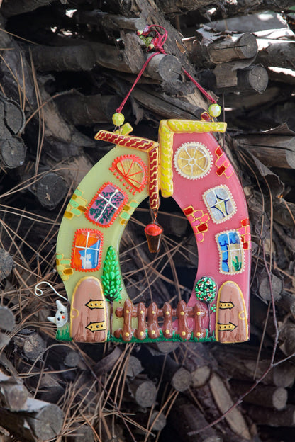 Colorful Houses - A Symbol of Family Unity Radiant with the Lantern of Love Glass Artwork - Hand-Painted Fused-Glass Decor with Vibrant Colors and Intricate Patterns, Pink