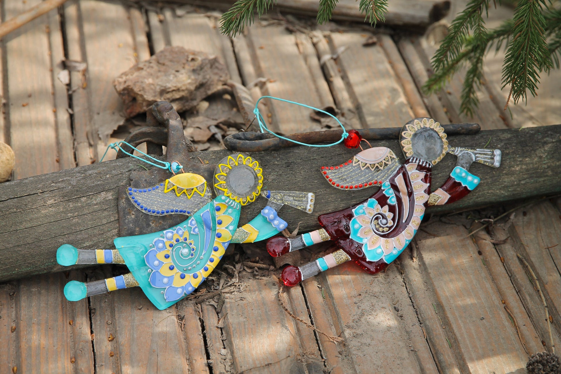 Flying Guardian Angel Glass Wall Art in Mint & Yellow - Handmade Fused-Glass Decor with Vibrant Colors and Intricate Patterns