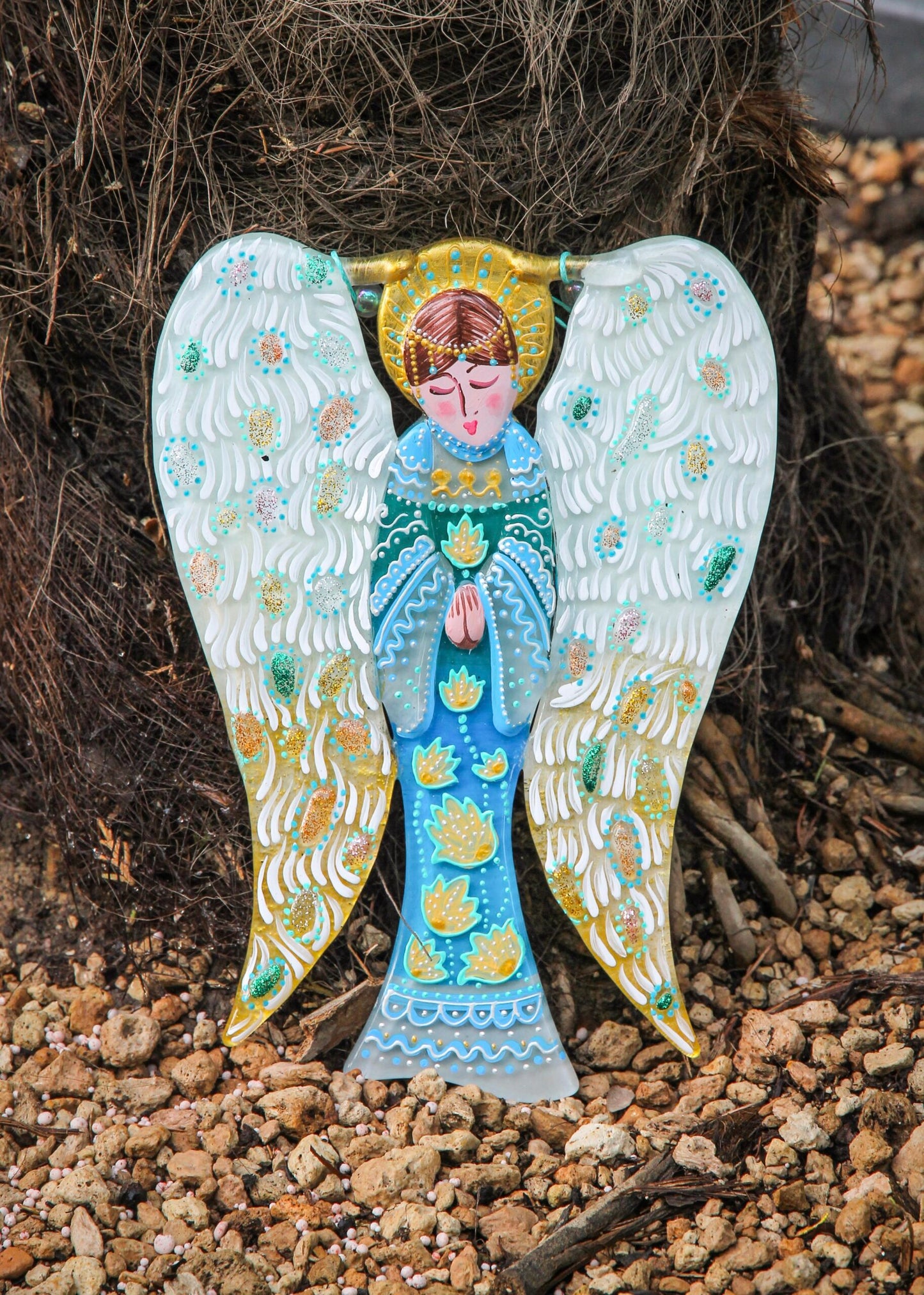 Big Guardian AngelGlass Wall Art in Light Blue - Handmade Fused-Glass Decor with Vibrant Colors and Intricate Patterns