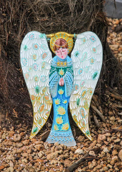 Big Guardian AngelGlass Wall Art in Light Blue - Handmade Fused-Glass Decor with Vibrant Colors and Intricate Patterns
