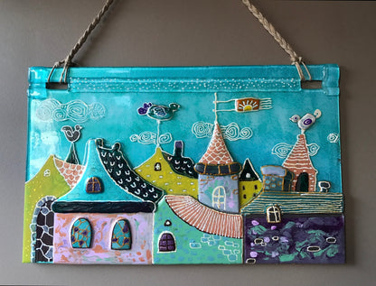 Walk in the Clouds City Roofs Glass Panel Wall Art - Hand-Painted Fused-Glass Panel with Whimsical Weather Vanes, 49 cm