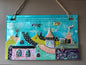 Walk in the Clouds City Roofs Glass Panel Wall Art - Hand-Painted Fused-Glass Panel with Whimsical Weather Vanes, 49 cm
