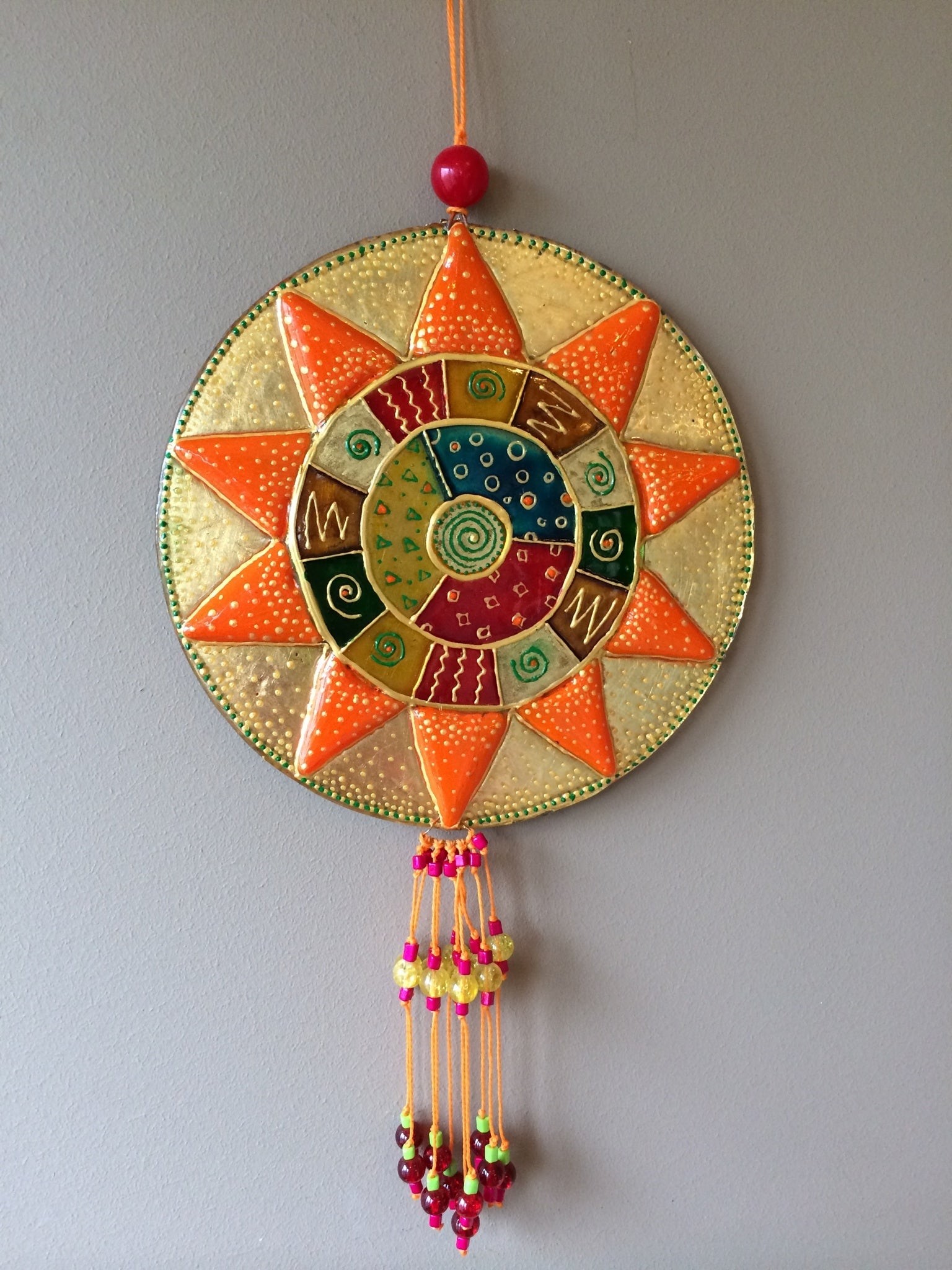Big Mandala Glass Artwork - Hand-Painted Fused-Glass Decor with Vibrant Colors and Intricate Patterns, Orange