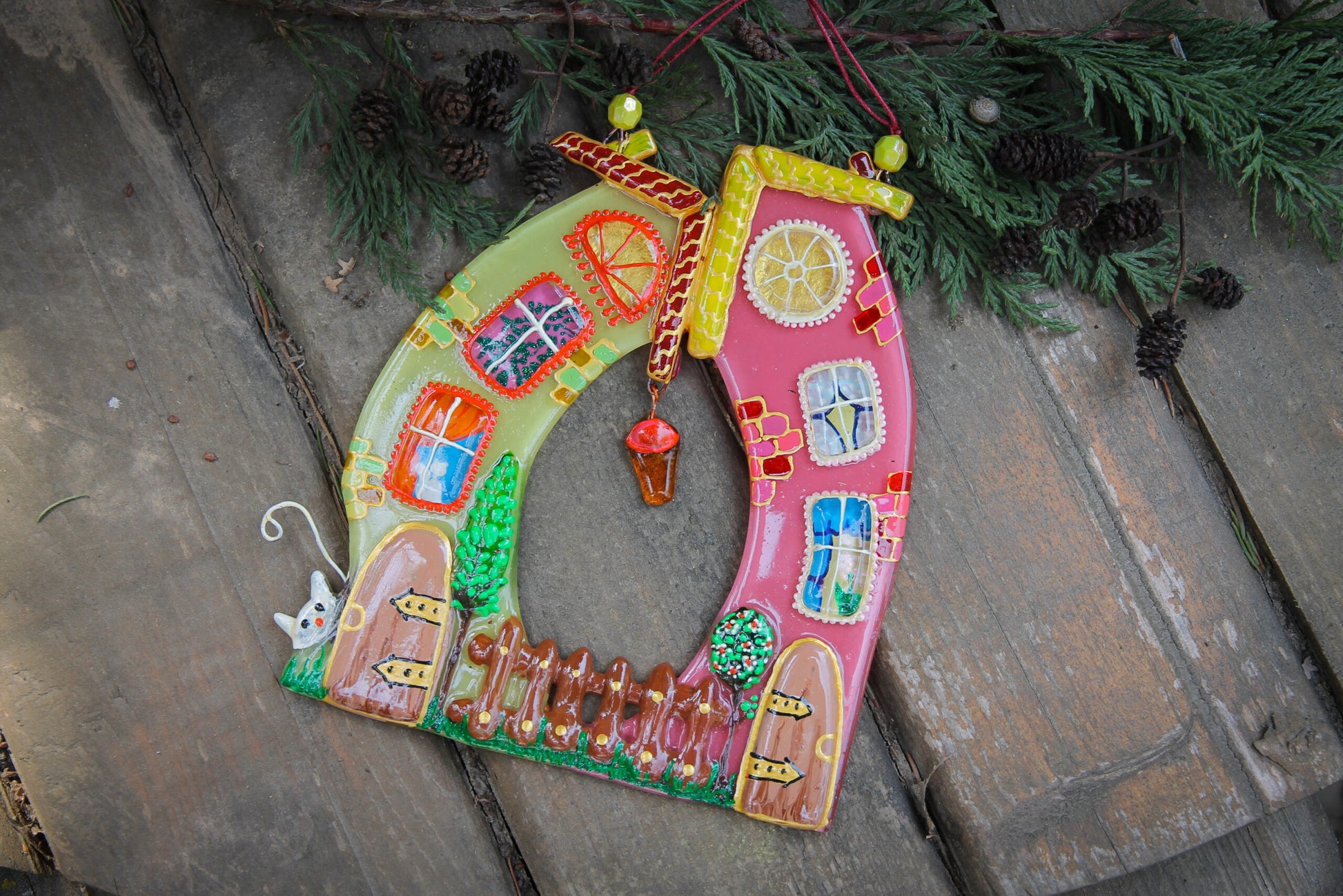 Colorful Houses - A Symbol of Family Unity Radiant with the Lantern of Love Glass Artwork - Hand-Painted Fused-Glass Decor with Vibrant Colors and Intricate Patterns, Pink