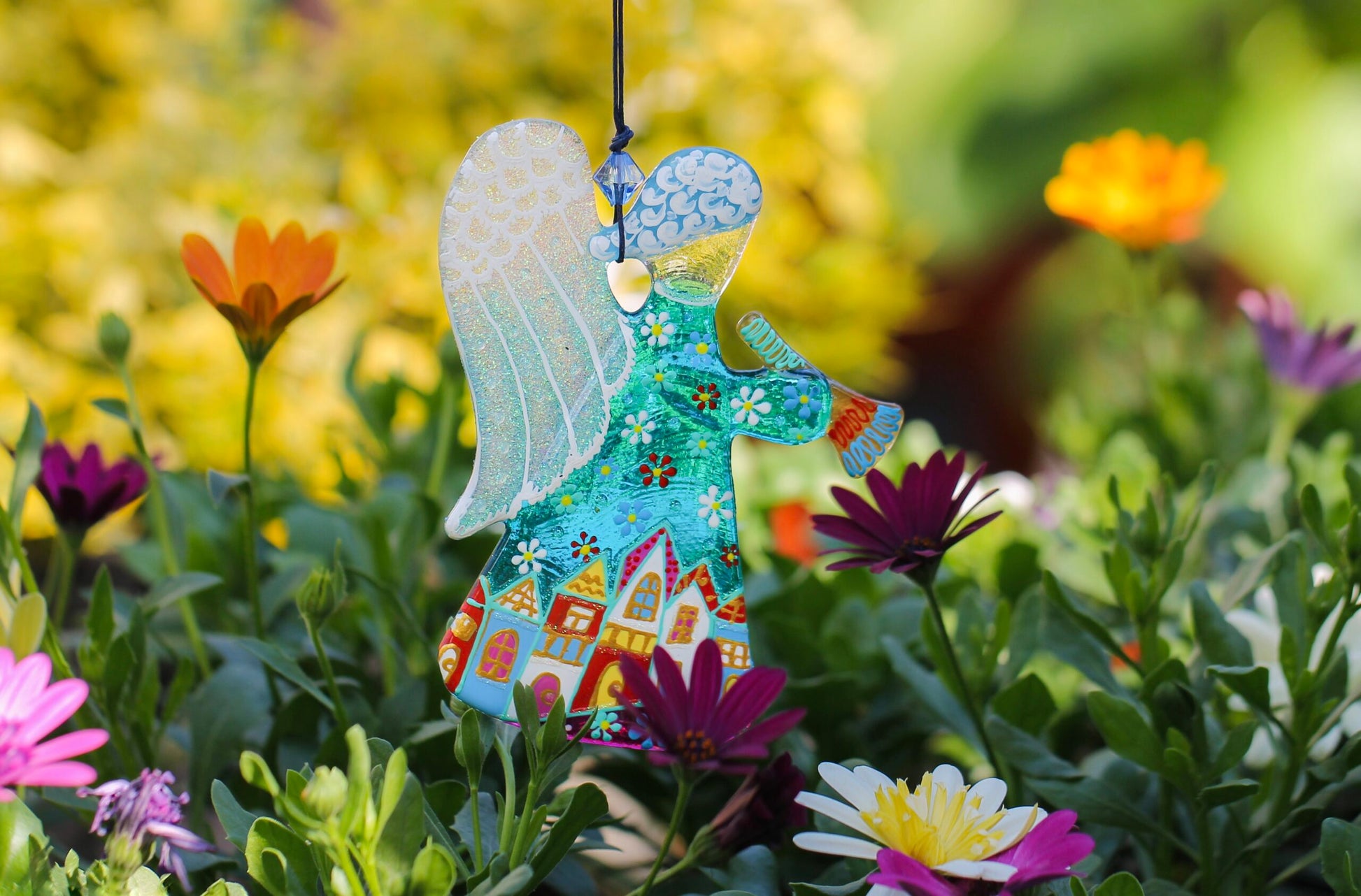Guardian Angel Glass Wall Art in Suncatcher, Light Blue & Clear - Handmade Fused-Glass Decor with Vibrant Colors and Intricate Patterns