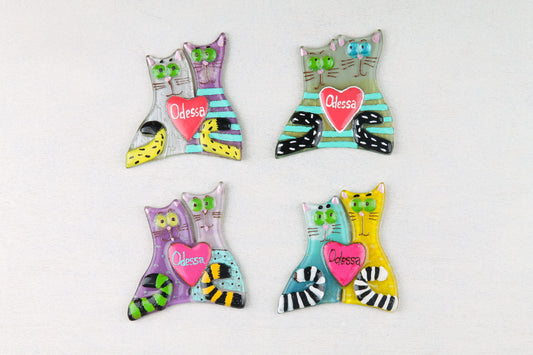 Big Pair of Cats with a Heart Glass Fridge Magnet - Hand-Crafted, Hand-Painted, Personalized Tourist Souvenir, 12 x 12 cm