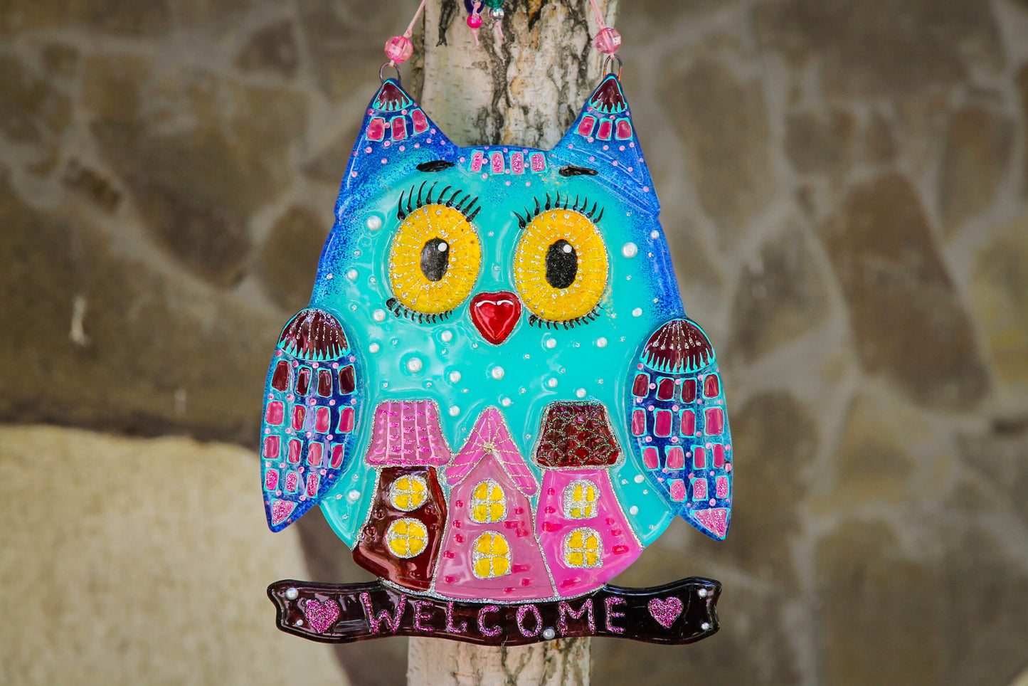 Big Owl Home Talisman Glass Artwork - Hand-Painted Fused-Glass Decor with Wise Owl, Cityscape Design, and Urban Charm