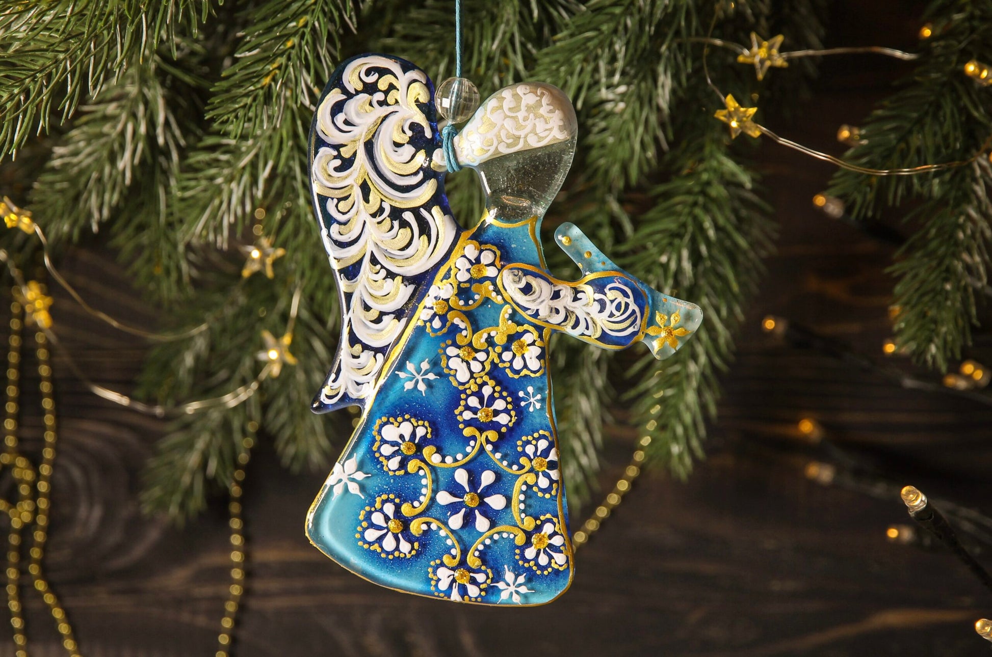 Guardian Angel Glass Wall Art in Blue & White - Handmade Fused-Glass Decor with Vibrant Colors and Intricate Patterns