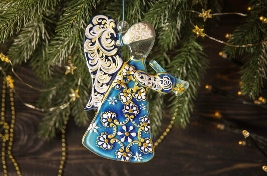 Guardian Angel Glass Wall Art in Blue & White - Handmade Fused-Glass Decor with Vibrant Colors and Intricate Patterns
