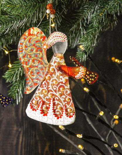 Guardian Angel Glass Wall Art in Orange & Gold - Handmade Fused-Glass Decor with Vibrant Colors and Intricate Patterns
