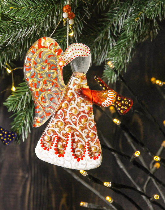 Guardian Angel Glass Wall Art in Orange & Gold - Handmade Fused-Glass Decor with Vibrant Colors and Intricate Patterns