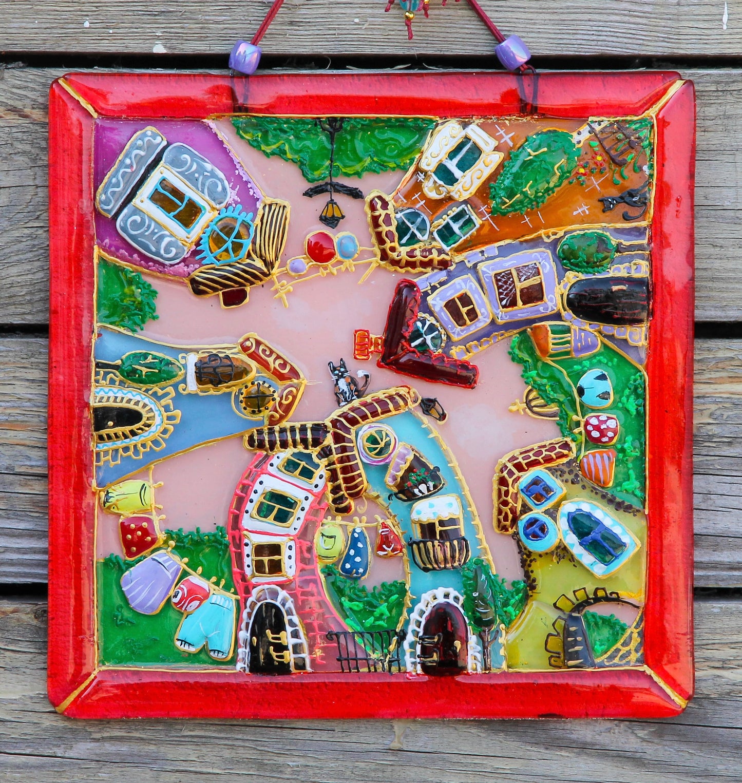 Courtyard Glass Panel Wall Art - Hand-Painted Fused-Glass Panel with Intricate Details and Captivating Patterns, Red, 23 cm
