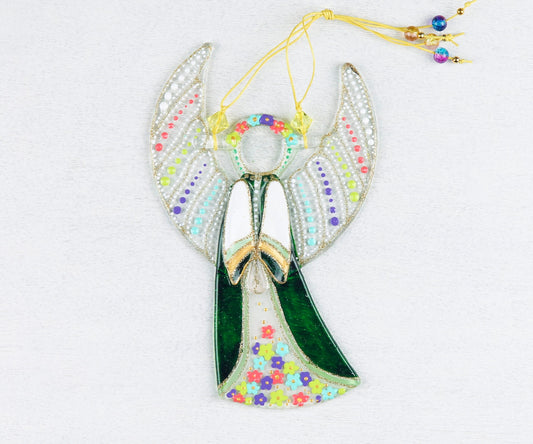 Guardian Angel Glass Wall Art in Green & Clear - Handmade Fused-Glass Decor with Vibrant Colors and Intricate Patterns