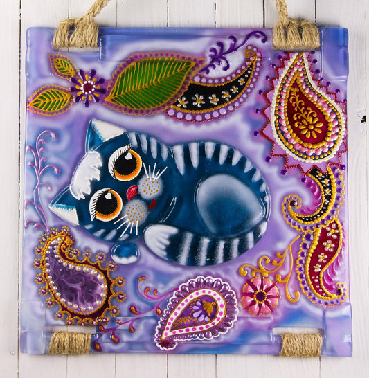 Heavenly Kitten Glass Panel Wall Art - Hand-Painted Fused-Glass Panel with Vibrant Colors and Whimsical Patterns, 26 cm
