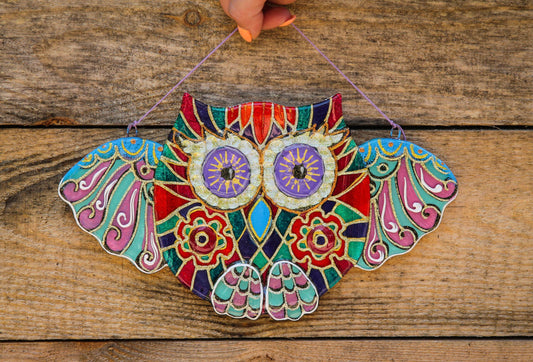 Big Owl Talisman with Mosaic Patterns Glass Artwork - Fused-Glass Mosaic Decor