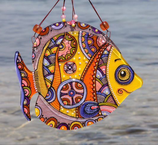 Big Fish - A Symbol of Happiness Glass Artwork - Fused-Glass Decor with Captivating Patterns and Vibrant Colors, Yellow