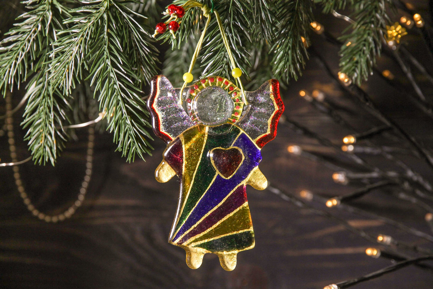 Guardian Angel of Love with Red Heart Glass Wall Art Suncatcher in Multicolored Lines - Handmade Fused-Glass Decor with Vibrant Colors and Intricate Patterns