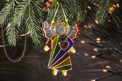 Guardian Angel of Love with Red Heart Glass Wall Art Suncatcher in Multicolored Lines - Handmade Fused-Glass Decor with Vibrant Colors and Intricate Patterns