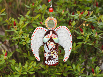 Guardian Angel Glass Wall Art in Red & Silver - Handmade Fused-Glass Decor with Vibrant Colors and Intricate Patterns