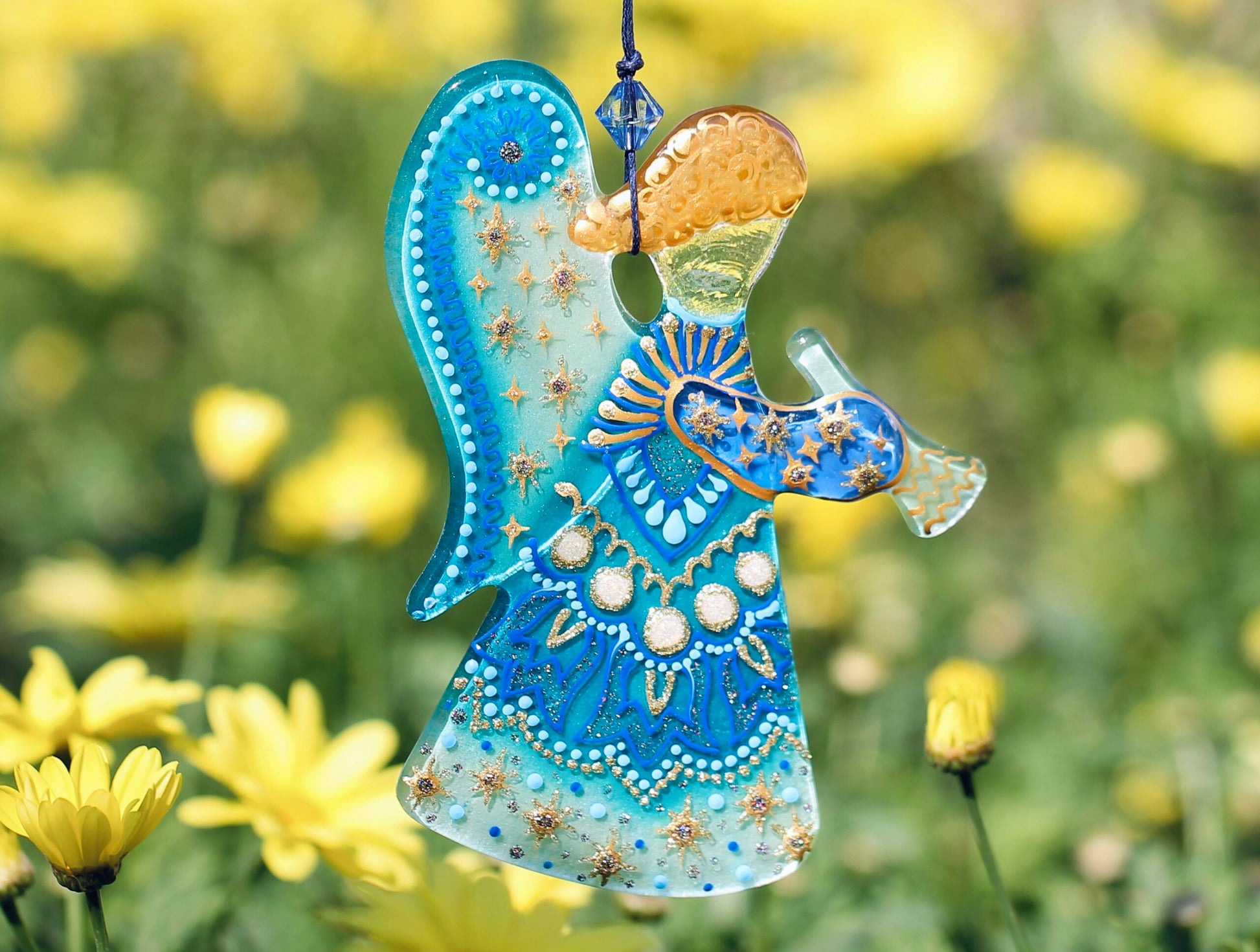 Guardian Angel Glass Wall Art in Light Blue & Gold - Handmade Fused-Glass Decor with Vibrant Colors and Intricate Patterns