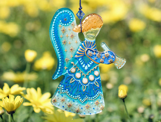 Guardian Angel Glass Wall Art in Light Blue & Gold - Handmade Fused-Glass Decor with Vibrant Colors and Intricate Patterns