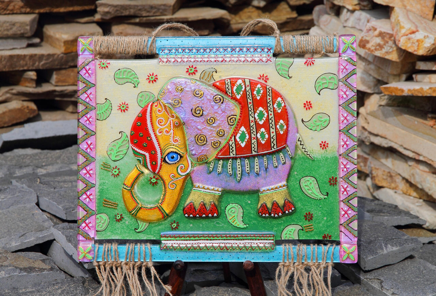 Wise Elephant Glass Panel Wall Art - Hand-Painted Fused-Glass Panel with Regal Essence, 30 cm