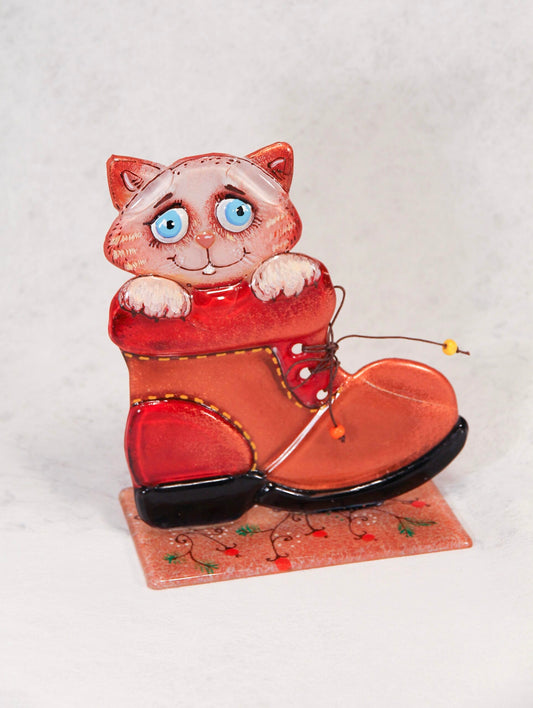 Puss in Boot on the Stand Big Glass Artwork - Hand-Painted Fused-Glass Decor with Iconic Character, 20 cm