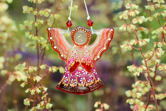 Guardian Angel Glass Wall Art in Orange & Purple - Handmade Fused-Glass Decor with Vibrant Colors and Intricate Patterns
