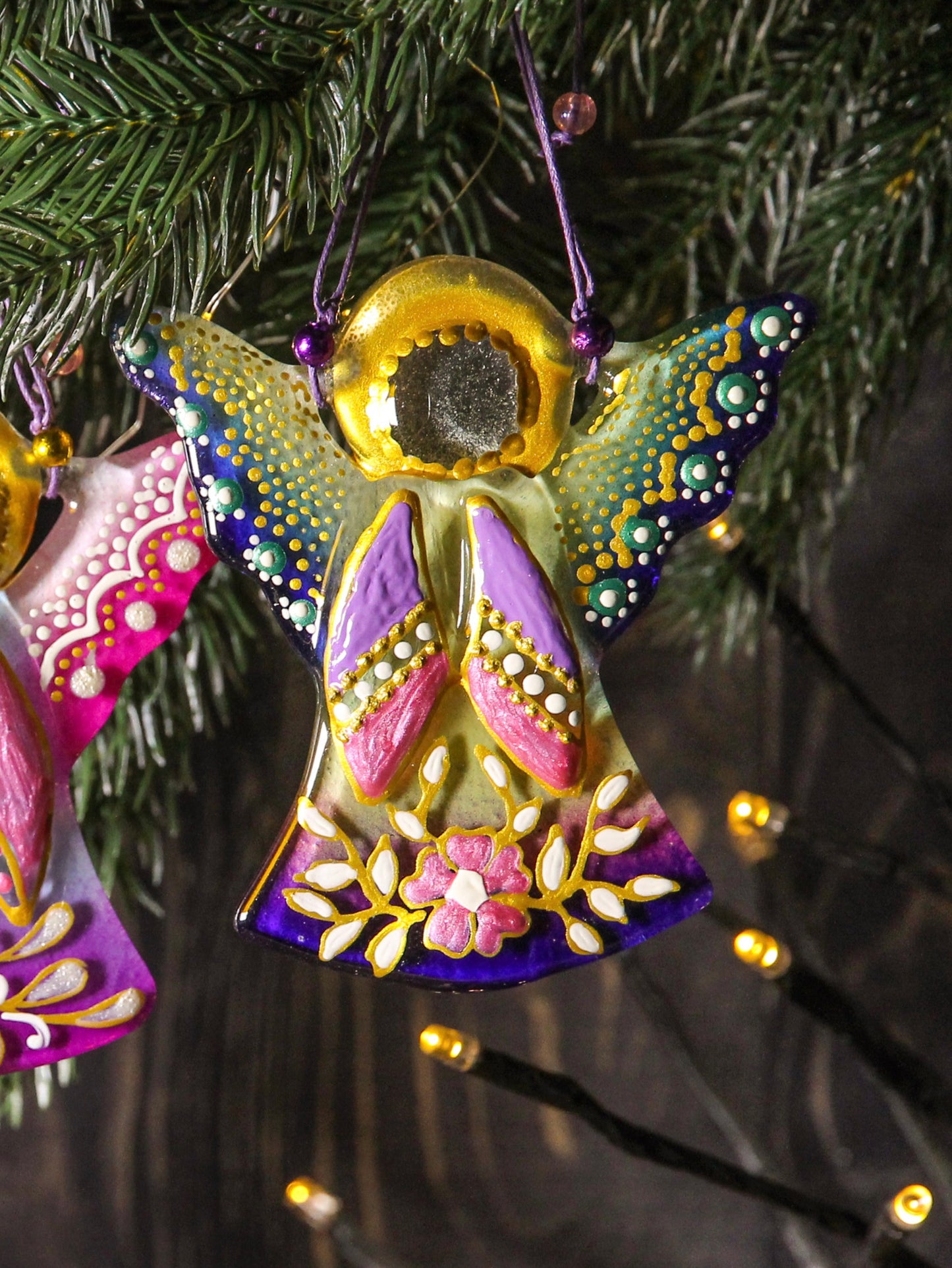 Guardian Angel Glass Wall Art in Blue, Purple & Gold - Handmade Fused-Glass Decor with Vibrant Colors and Intricate Patterns