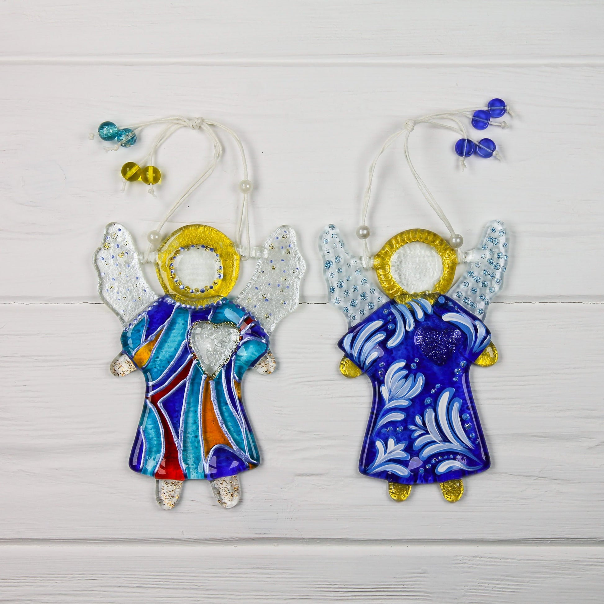 Guardian Angel of Love with Red Heart Glass Wall Art in Blue & Clear - Handmade Fused-Glass Decor with Vibrant Colors and Intricate Patterns