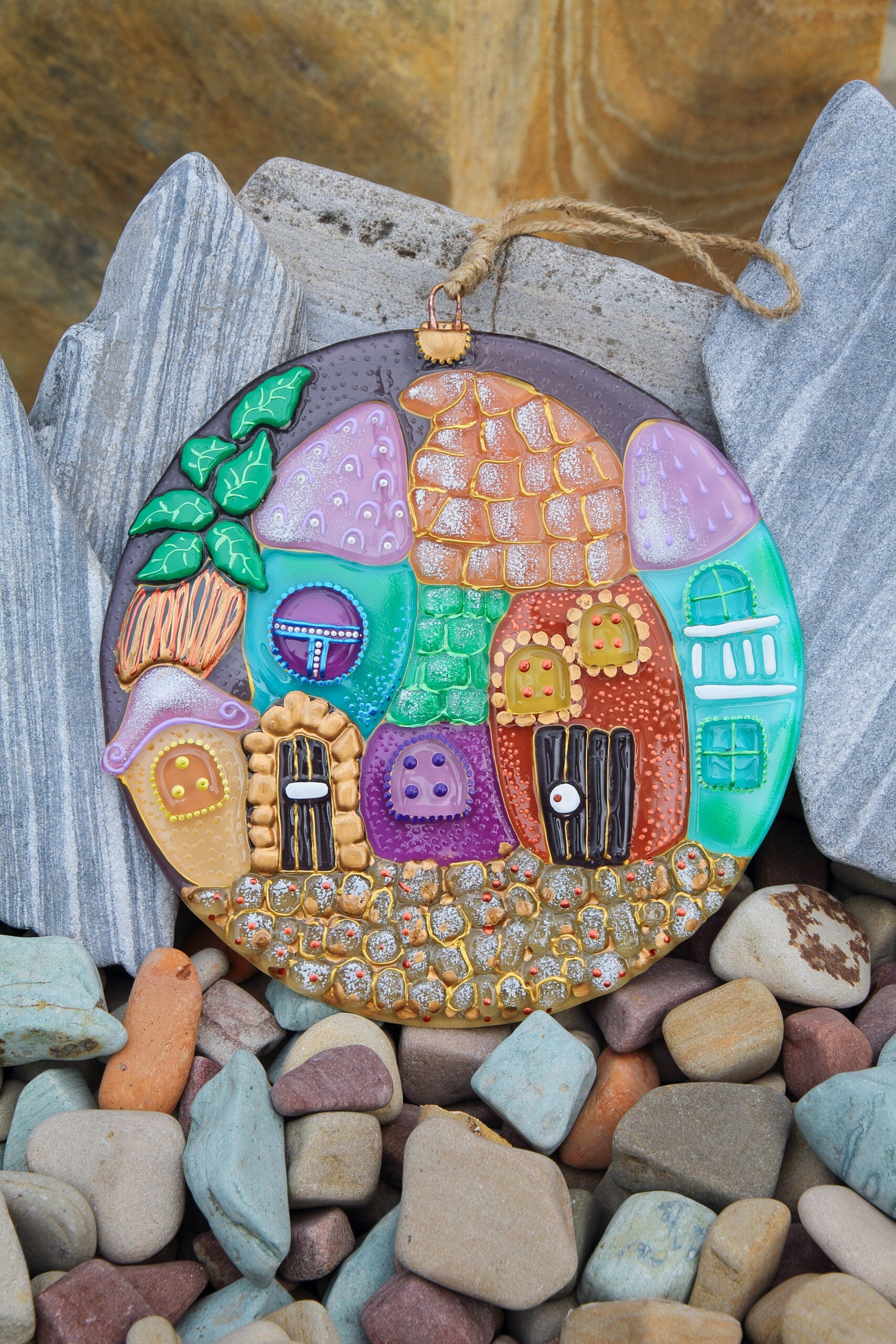 Fairy Tale City Glass Panel Wall Art - Hand-Painted Fused-Glass Panel, 25 cm