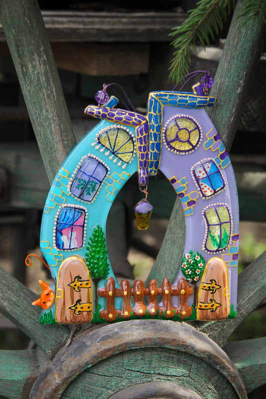 Colorful Houses - A Symbol of Family Unity Radiant with the Lantern of Love Glass Artwork - Hand-Painted Fused-Glass Decor with Vibrant Colors and Intricate Patterns, Purple
