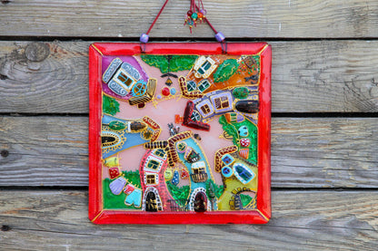 Courtyard Glass Panel Wall Art - Hand-Painted Fused-Glass Panel with Intricate Details and Captivating Patterns, Red, 23 cm