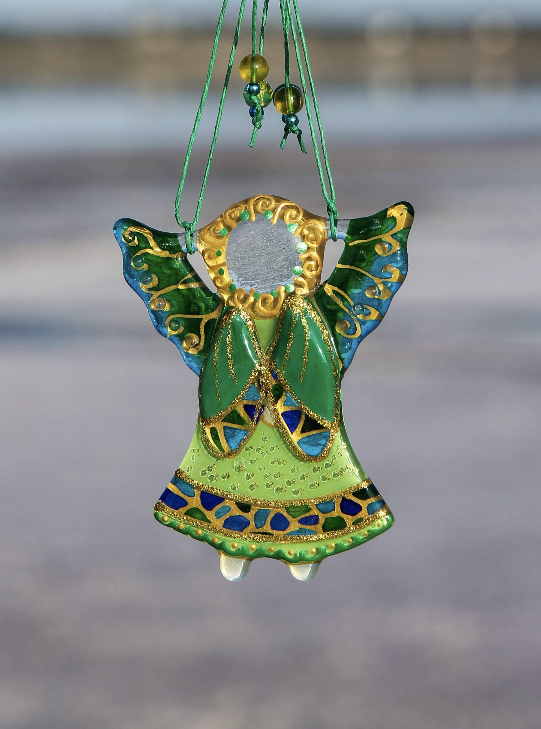 Guardian Angel Glass Wall Art in Green - Handmade Fused-Glass Decor with Vibrant Colors and Intricate Patterns