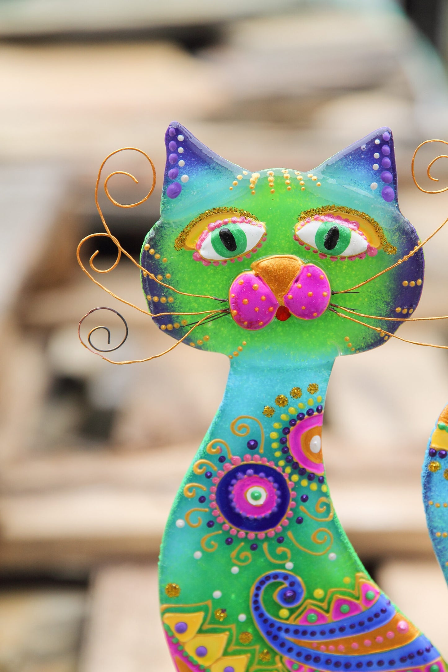 Playful Green Cat Glass Artwork, 22 cm