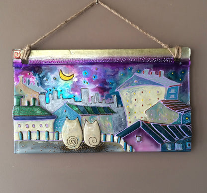 Night City with Two Cats Cityscape Glass Panel - Fused-Glass Wall Art with Starlit Sky, Moon, and Customized Details