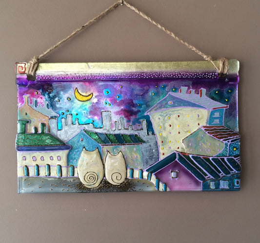 Night City with Two Cats Cityscape Glass Panel - Fused-Glass Wall Art with Starlit Sky, Moon, and Customized Details