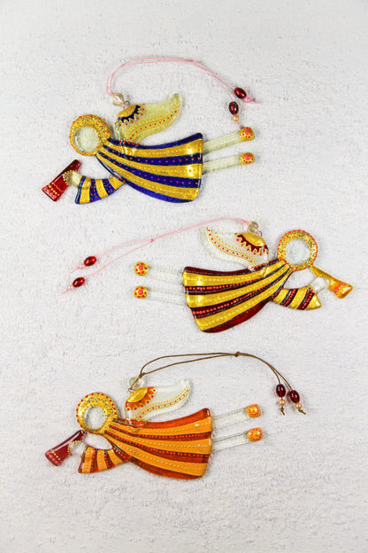 Flying Guardian Angel Glass Wall Art Suncatcher, Orange & Yellow Strips - Handmade Fused-Glass Decor with Vibrant Colors and Intricate Patterns