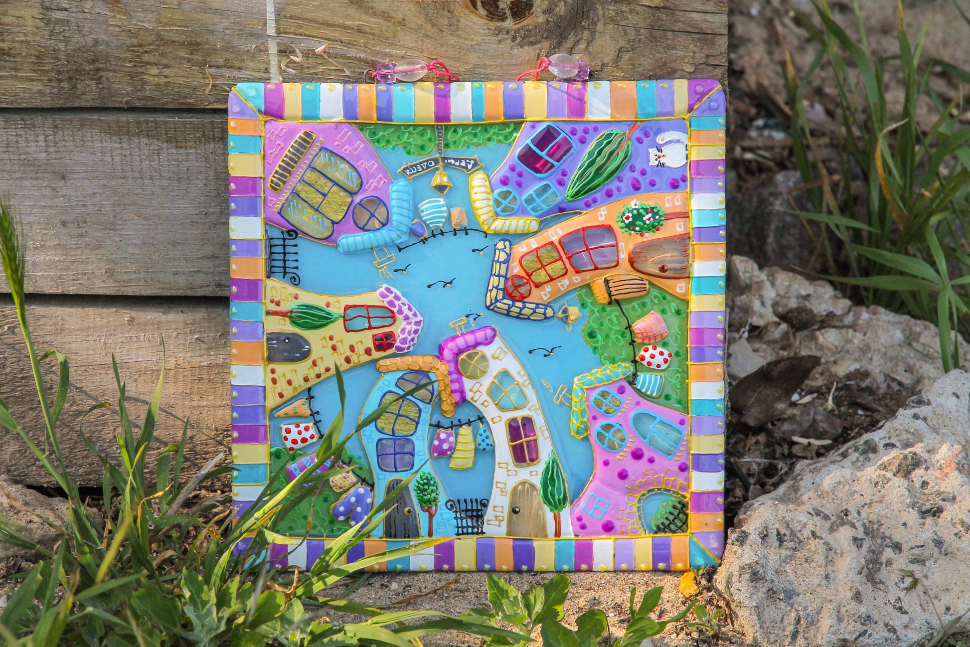 Courtyard Glass Panel Wall Art - Hand-Painted Fused-Glass Panel with Intricate Details and Captivating Patterns, Blue, 23 cm