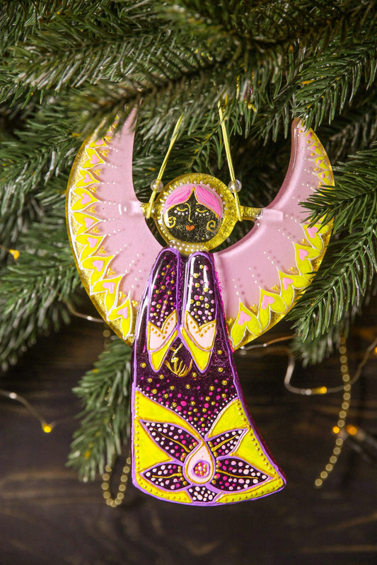 Guardian Angel Glass Wall Art in Purple & Pink - Handmade Fused-Glass Decor with Vibrant Colors and Intricate Patterns