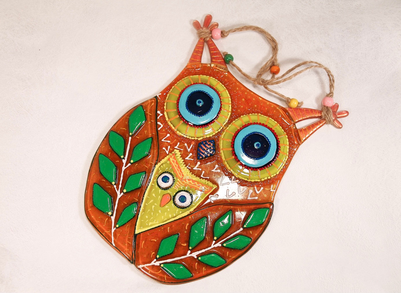 Mother Owl and Owlet Glass Artwork - Hand-Painted Fused-Glass Decor with Nurturing Love, Wisdom, and Nature-Inspired Serenity