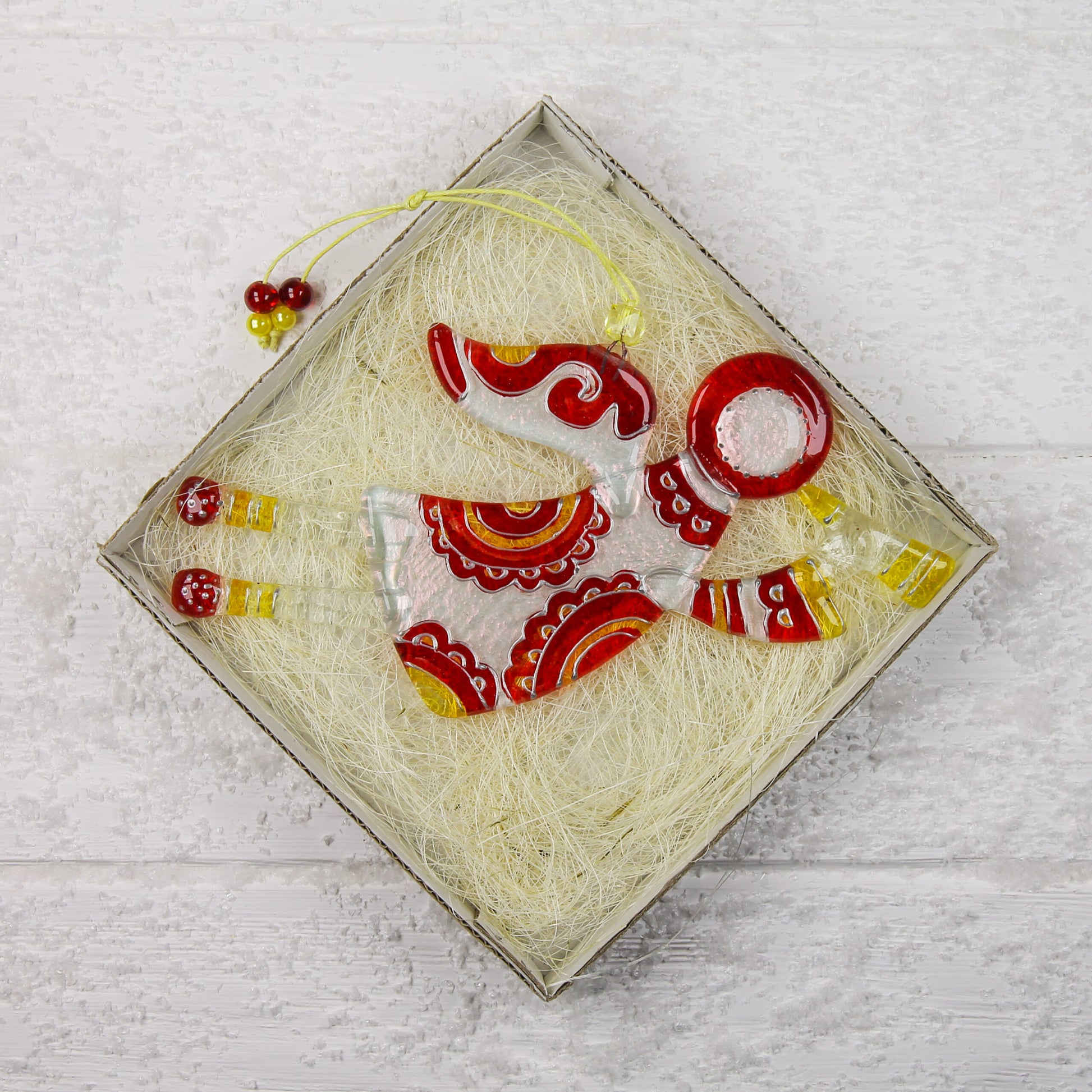 Flying Guardian Angel Glass Wall Art Suncatcher, Clear, Red & Yellow - Handmade Fused-Glass Decor with Vibrant Colors and Intricate Patterns