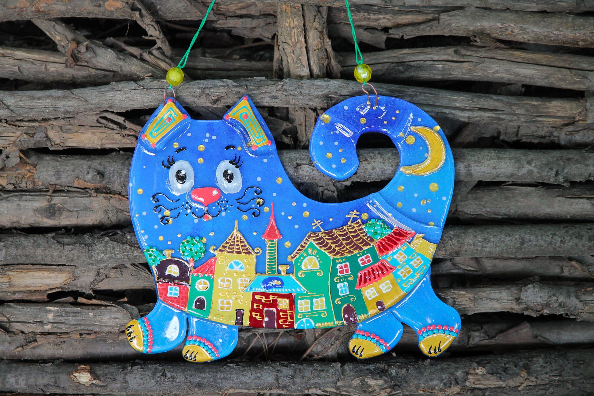 Starry Night Cat Big Glass Artwork - Handcrafted Home Decor Blue Cat and Golden Constellations 