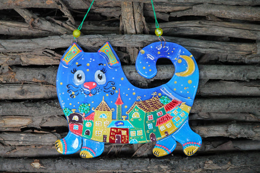 Starry Night Cat Big Glass Artwork - Handcrafted Home Decor Blue Cat and Golden Constellations 