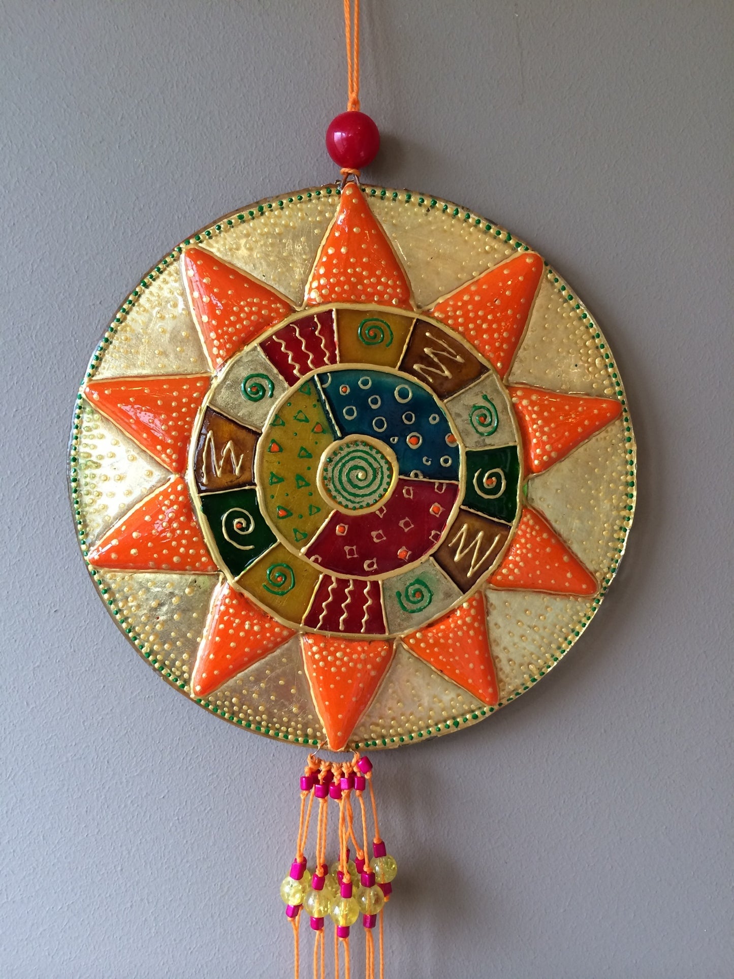 Big Mandala Glass Artwork - Hand-Painted, Personalized, Orange, 20 cm