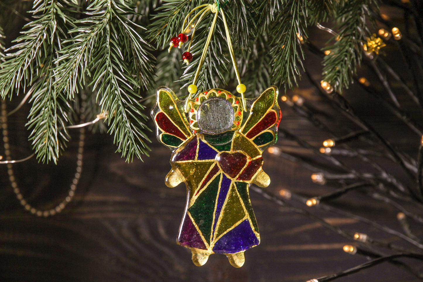 Guardian Angel of Love with Red Heart Glass Wall Art Suncatcher in Multicolored Geometric - Handmade Fused-Glass Decor with Vibrant Colors and Intricate Patterns
