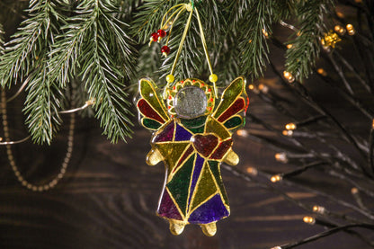 Guardian Angel of Love with Red Heart Glass Wall Art Suncatcher in Multicolored Geometric - Handmade Fused-Glass Decor with Vibrant Colors and Intricate Patterns