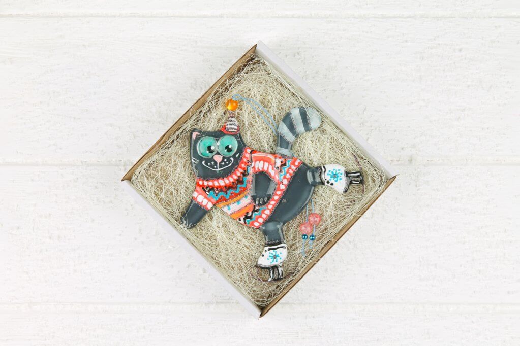 Handmade Glass Wall Art of Grey Cat Skating in Orange Sweater - Personalized Gift, Grey , 13 cm