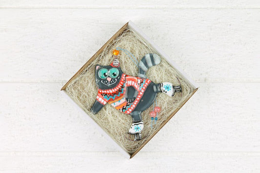 Handmade Glass Wall Art of Grey Cat Skating in Orange Sweater - Personalized Gift, Grey , 13 cm